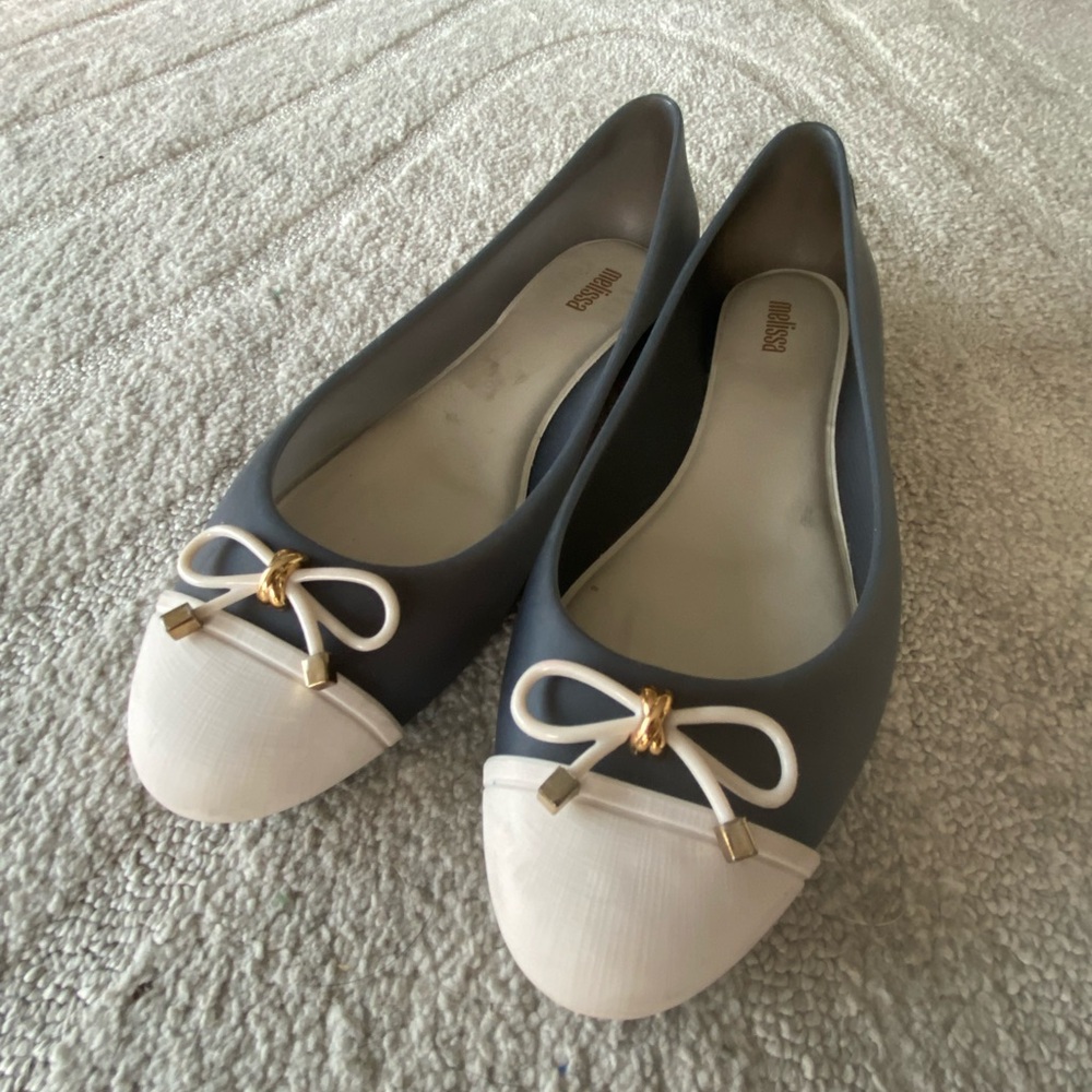 Melissa Gray and White Flats with Bow Detail